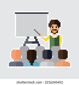 Pixel art. teacher and student clasroom study