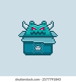 A pixel art of a teal-colored box containing a horned monster with bright crimson eyes and menacing mouth, a skull and crossbones insignia on the middle of the box. vector illustration