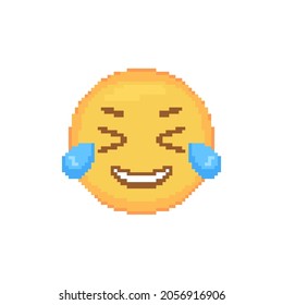 Pixel art Tears of Joy emoticon. Retro pixel emoji of yellow Laughing face. Cute cartoon kawaii vector social media Laughing Tears icon. 8 bit style emoji yellow lol smile.