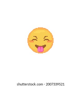 Pixel art teasing Emoji face icon. Vector cute pixel happy emoticon with Tongue. Cheerful Emoji in retro pixel 8 bit style. Squinting emoji yellow face isolated icon.