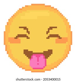 Pixel art teasing Emoji face icon. Vector cute pixel happy emoticon with Tongue. Cheerful Emoji in retro pixel 8 bit style. Squinting emoji yellow smile face isolated icon.