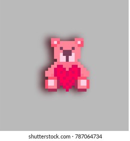 Pixel art Teddy bear holding in the paws of a big heart. The concept of Valentine's Day.