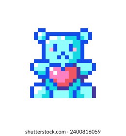 Pixel art Teddy Bear Icon. Vector Pixel 8bit Plush Toy Gift. 80s 90s Retro Game Decor For Valentine's Day. Pixelated Nostalgic and Romantic Sticker Illustration on white background.	