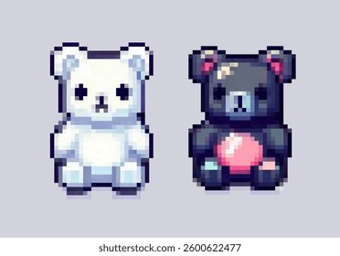 Pixel art teddy bears on gray background: one black, one white. Nostalgic, cute, and playful design adds a touch of retro charm, evoking a fun, whimsical feel.