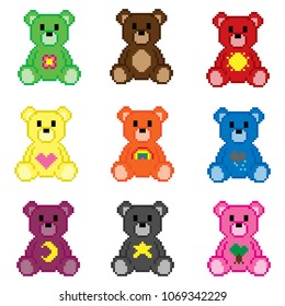 Pixel art teddy bears with symbols