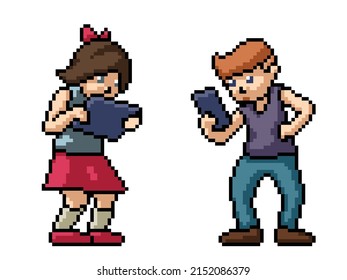 pixel art of teenager checking phone