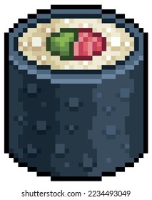 Pixel art tekka maki hosomaki sushi japanese food vector icon for 8bit game on white background

