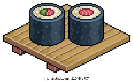 Pixel art tekka maki, hosomaki on wooden board for sushi vector icon for 8bit game on white background