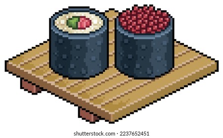 Pixel art tekka maki, ikura maki on wooden board for sushi vector icon for 8bit game on white background