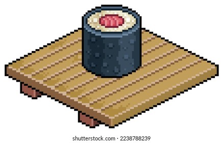 Pixel art tekka maki on wooden board for sushi vector icon for 8bit game on white background
