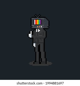 Pixel art television man character.