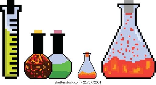 pixel art test tube, science Laboratory glassware pixel set.