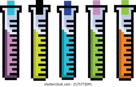 pixel art test tube, science Laboratory glassware pixel set.