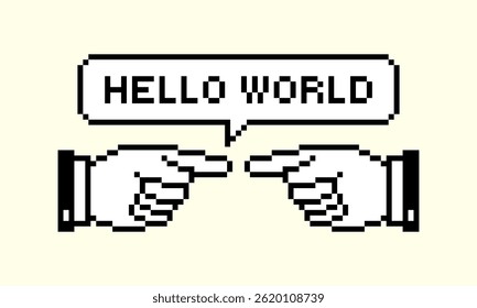 Pixel art with text Hello world and Backhand Index Pointing left or Right . Retro futuristic style. Cyber direction hand icon. Video game sprite. Y2k sticker Fingers gesturing. Black and white.