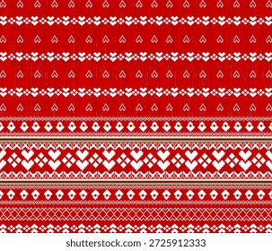 Diseño textil del arte del pixel, abstracto, estilo popular, día de San Valentín, Navidades, año Nuevo, fondo rojo, patrón blanco del corazón, para las telas tejidas, cortinas, alfombras, ropa, Ilustración vectorial.