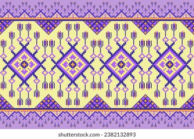 Pixel Art Textile Patterns Seamless Fabric Backgrounds.Abstract ethnic square design with colorful tone purple and yellow color.
