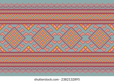 Pixel Art Textile Patterns Seamless Fabric Backgrounds.Abstract ethnic square design with vintage tone grey and red color.