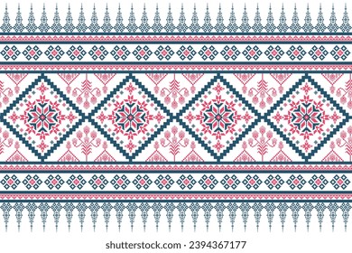 Pixel Art Textile Patterns Seamless Fabric Backgrounds.Abstract ethnic square design with red and  blue color.