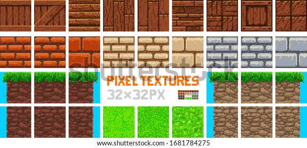 Pixel Artテクスチャセット 木 木の板 木の箱 レンガ 地面 草 元のテクスチャサイズ32x32px のベクター画像素材 ロイヤリティフリー