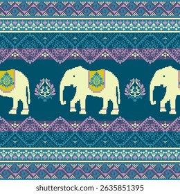 Pixel art Thai textile pattern featuring white elephants, floral emblems, and traditional geometric elements on a deep blue background. Ideal for cultural designs, fabric prints.