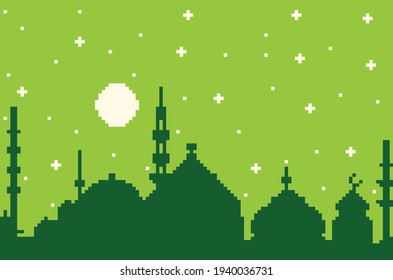 Pixel art with the theme of the month of Ramadan, Muslim tradition. there is a shadow of the mosque building under the sky full of stars