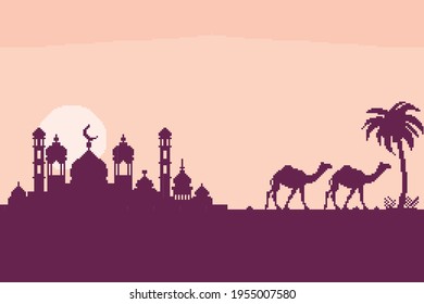 Pixel art with the theme of the month of Ramadan, Muslim traditions. there is a mosque building and two camels under a sky full of stars