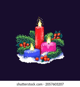 Pixel art. Three burning candles, fir trees, and holly berries. Christmas and new year composition.