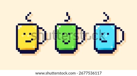 Pixel art three cups with kawaii faces.