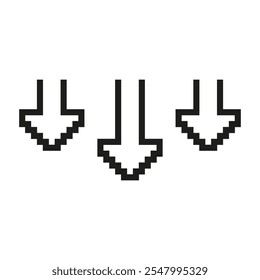 Pixel Art Three Down Arrows Icon. Set Of Three Pixelated Downward Pointing Arrows. Isolated Vector Illustration.