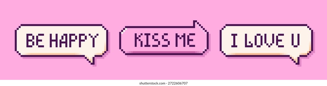 Pixel art tres burbujas de discurso rosa con las palabras Sé mía, bésame y te amo.
