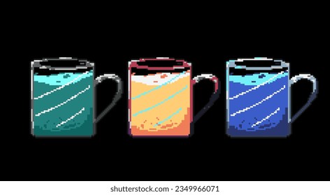 Pixel art of three sets of glass with green,orange,and blue water inside it. Pixelated art of drink for asset game. Perfect for your game asset of indie pixel art or your design.