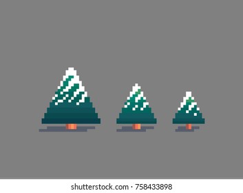 Pixel art three snowy fir trees different sizes. Vector illustration.