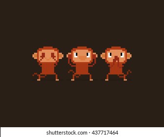 Pixel art three wise monkeys characters, see no evil, hear no evil, speak no evil. No see, no hear, no speak