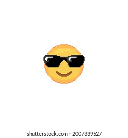 Pixel art thug life Emoji face icon. Vector cute pixel sunglasses  emoticon. Cheerful confident Emoji in retro pixel 8 bit style. Cool emoji yellow face isolated icon.