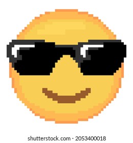 Pixel art thug life Emoji face icon. Vector cute pixel sunglasses  emoticon. Cheerful confident Emoji in retro pixel 8 bit style. Cool smile emoji yellow face isolated icon.