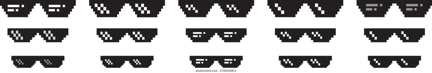 Icono de los vidrios de la vida del matón del arte del pixel, estilo fresco negro del símbolo de los tonos. Conjunto de gafas de jefe de píxel. Gángster, gafas de bandido. Conjunto de vidrio de píxel negro sobre fondo transparente