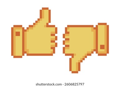Pixel art of thumb up and thumb down. Pixelated like and dislike icon.