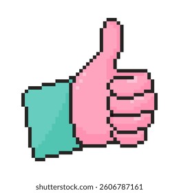 Pixel art thumb up icon in 8 bit style. Retro 80s,90s video game graphics