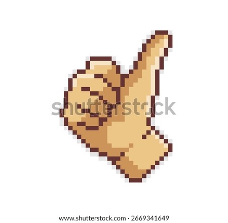 Pixel art of thumb up illustration. Pixelated hand gesturing thumbs up symbol. Old school computer graphic style. Pixel art 8-bit. Isolated vector illustration.