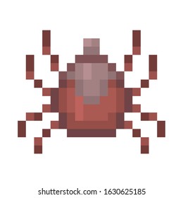 Pixel art tick icon isolated on white background. 8 bit dangerous parasite, Lyme disease carrier symbol. Old school vintage retro slot machine/video game graphics.