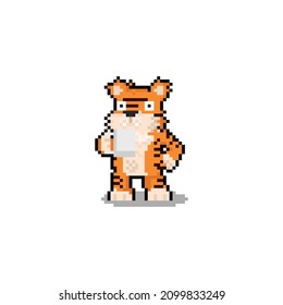 Pixel art tiger character holding a coffee mug.