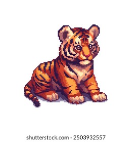 Pixel Art Tiger Cub sentado. Diseño de Ilustración vectorial.
