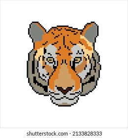 Pixel art with tiger head on  white background.