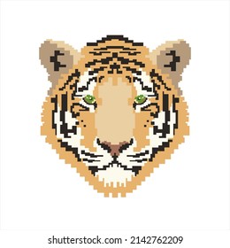 Pixel art. Tiger head on a white background. Vector illustration.