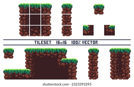 Pixel art tile set for 2d retro game. A set of ground tiles with grass for platformer. Location and landscape constructor. The resolution of the block is 16 x 16 pixels.