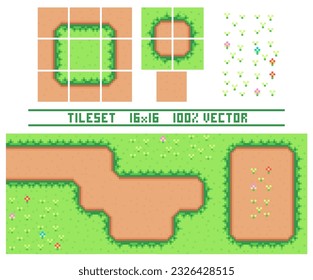 Baldosas de arte de píxeles para el 2d juego retro descendente. Un conjunto de baldosas de tierra con césped para el platero. Constructor de ubicación y paisaje. La resolución del bloque es de 16 x 16 píxeles.