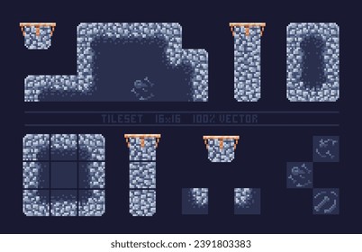 Baldosas de arte de píxeles para el 2d juego retro. Un conjunto de tejas de cueva o mazmorra con césped para el platero. Constructor de ubicación y paisaje. La resolución del bloque es de 16 x 16 píxeles.