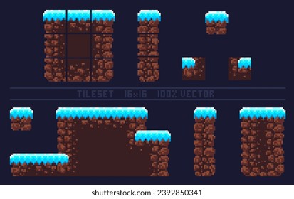 Pixel art tile set for 2d retro game. A set of winter tiles with snow for platformer. Location and landscape constructor. The resolution of the block is 16 x 16 pixels.