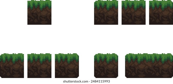 Video Conjunto de mosaicos de ilustraciones de píxeles para retro 2d Un conjunto de baldosas de tierra con hierba para plataformas para el constructor de ubicación. Ilustración vectorial.
