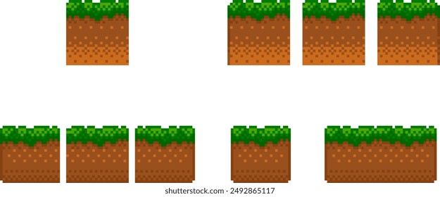 Video Conjunto de mosaicos de ilustraciones de píxeles para retro 2d Un conjunto de baldosas de tierra con hierba para plataformas para el constructor de ubicación. Ilustración vectorial.